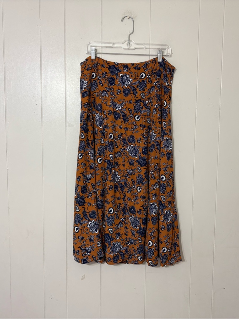 BeachGold Floral Maxi Skirt Size L Boho Viscose Flowy Brown Blue Bali Made